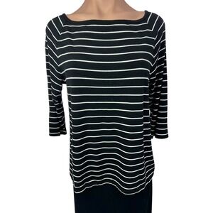 Chico's Pullover Top Sz 2 /Large Black w White Stripes 3/4 Sleeve Rayon/Spandex
